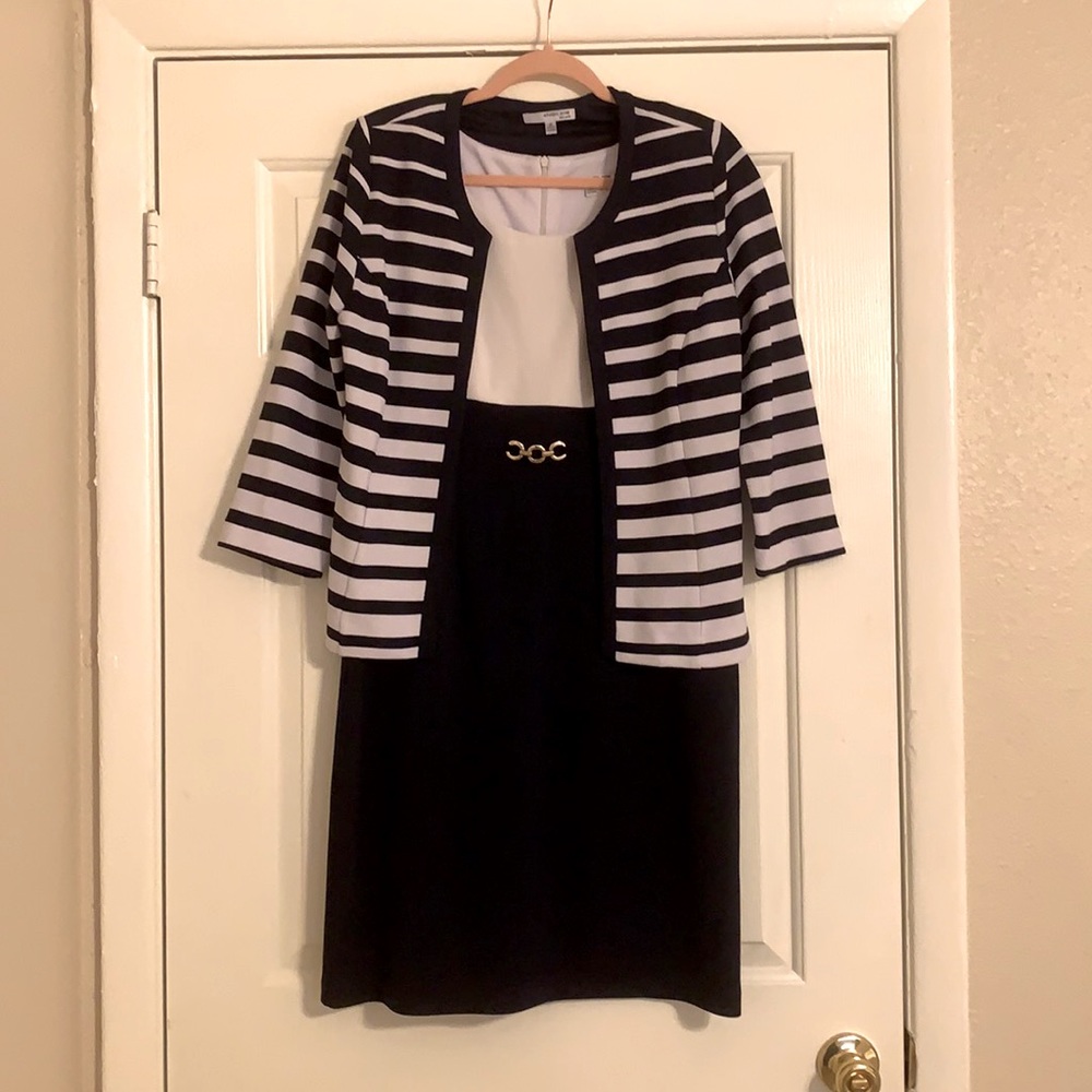 Size 10 Navy Blue and White dress and blazer set!